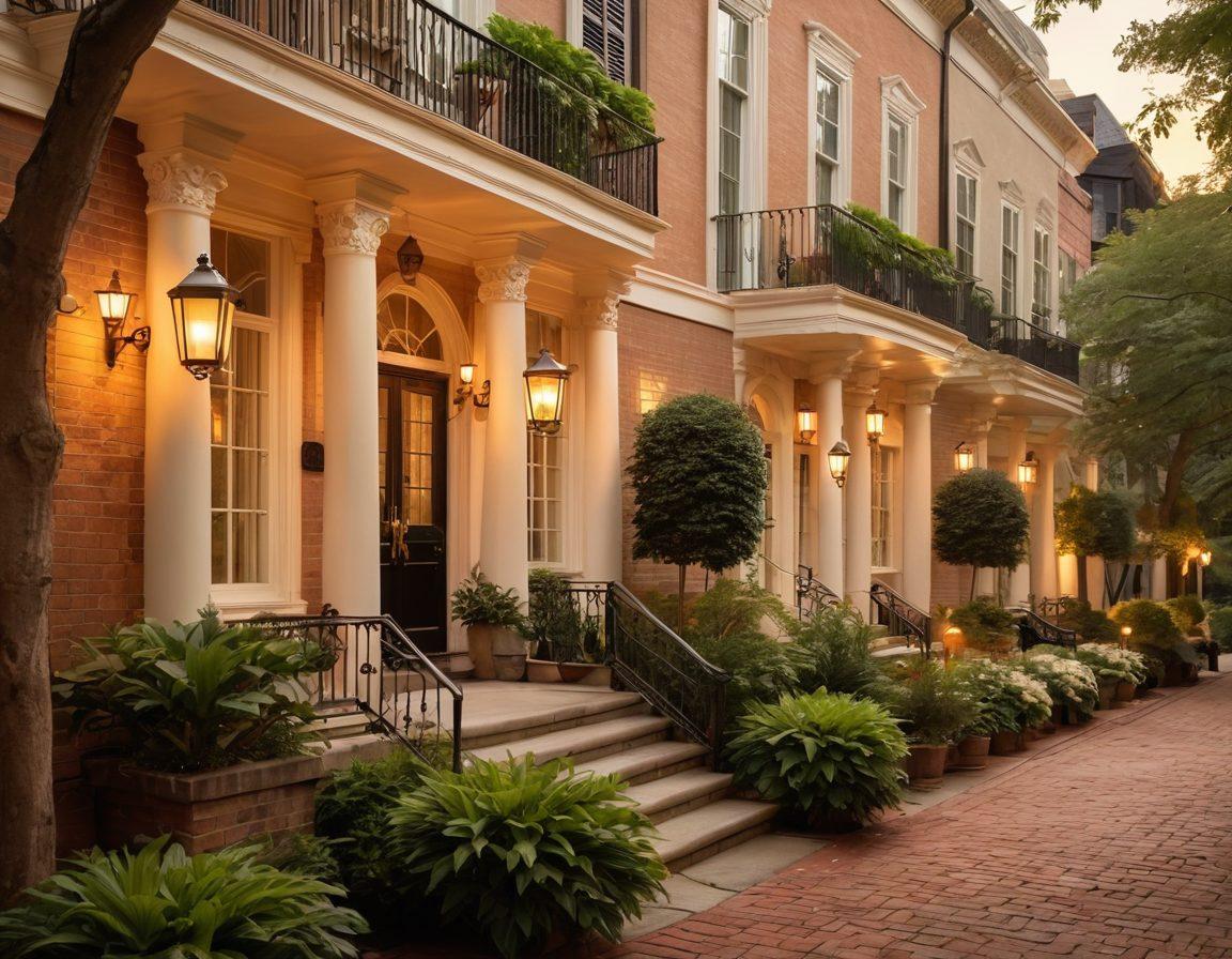 A serene view of the historic Georgian Terrace, showcasing elegant architecture with lush gardens and luxurious outdoor seating. Include a soft sunset in the background, casting warm golden hues, and people enjoying leisurely activities, exuding relaxation and joy. Capture a sense of blissful luxury with decorative elements like elegant lanterns and plush cushions. super-realistic. vibrant colors. soft focus.