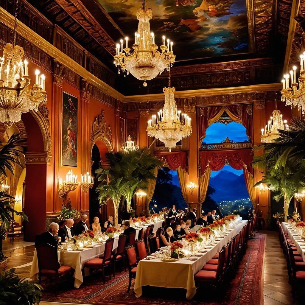 A grand scene depicting an opulent historical palace adorned with intricate architectural details, showcasing vibrant tapestries and ornate chandeliers. In the foreground, elegantly dressed individuals of diverse descent enjoy exquisite culinary delights on a lavish banquet table. Lush gardens filled with exotic plants and soft golden lighting evoke a sense of luxury and cultural richness. A backdrop of majestic mountains completes this picture. vibrant colors. super-realistic. 3D.