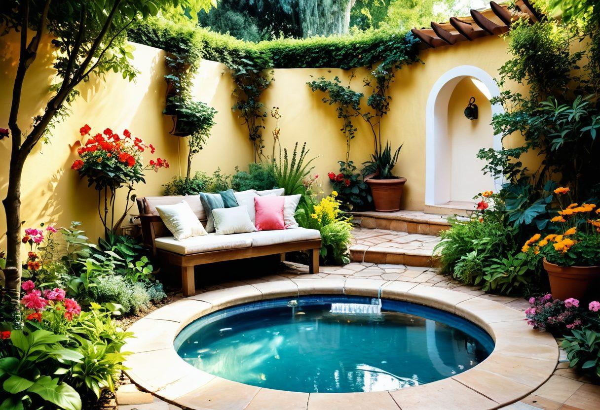 An inviting garden filled with blooming flowers and lush greenery, featuring a cozy nook with elegant furniture and soft cushions, bathed in warm sunlight. A small fountain gently trickles water, enhancing the peaceful atmosphere. Butterflies flutter around, symbolizing joy and blissful moments. The scene evokes a sense of charm and tranquility, perfect for a cheerful retreat. super-realistic. vibrant colors. soft focus.